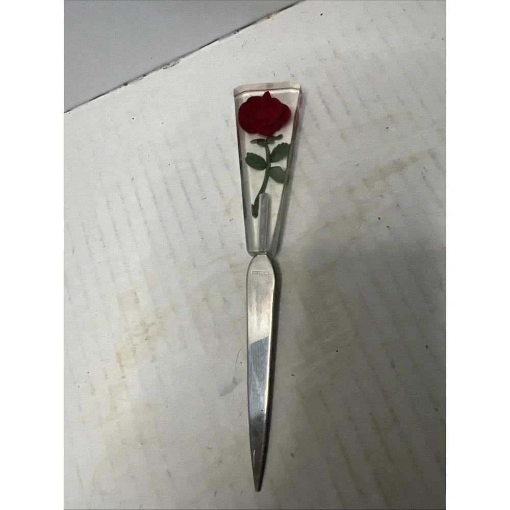 Vintage Lucite Rose Letter Opener Steel Floral Handle USA Desk Office